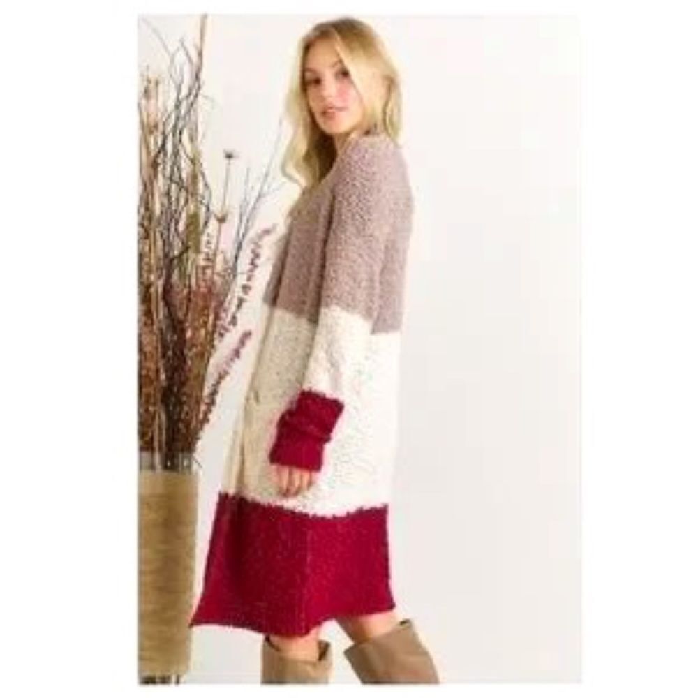 Cardigan Popcorn-Textured Color-Block Wine/Tan/Cream Medium-Large